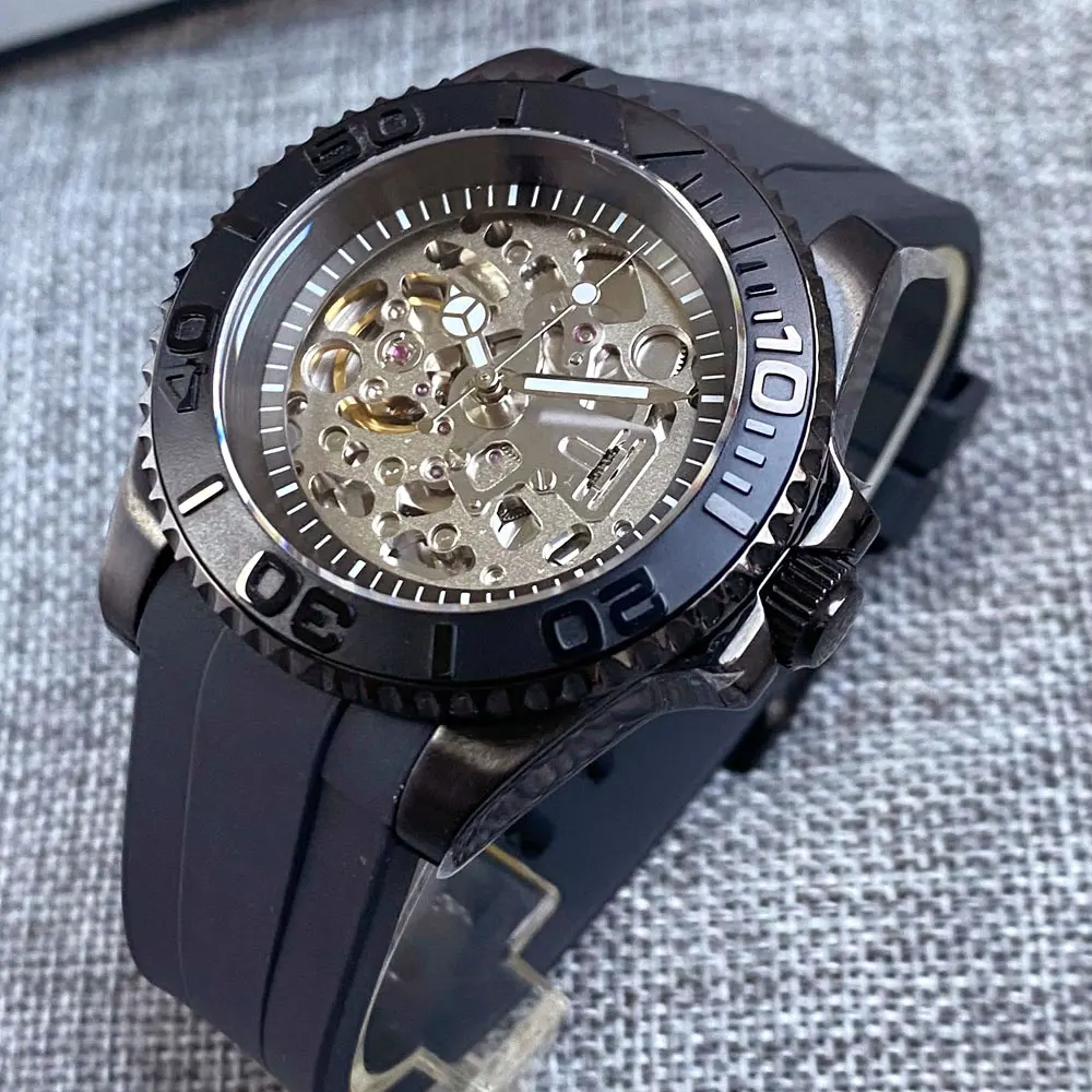 Black NH70 Mechanical Watch Men Skeleton Hollow Dial 120clicks Bezel Ring Matte Bezel Insert Sapphire Glass Curved End Rubber