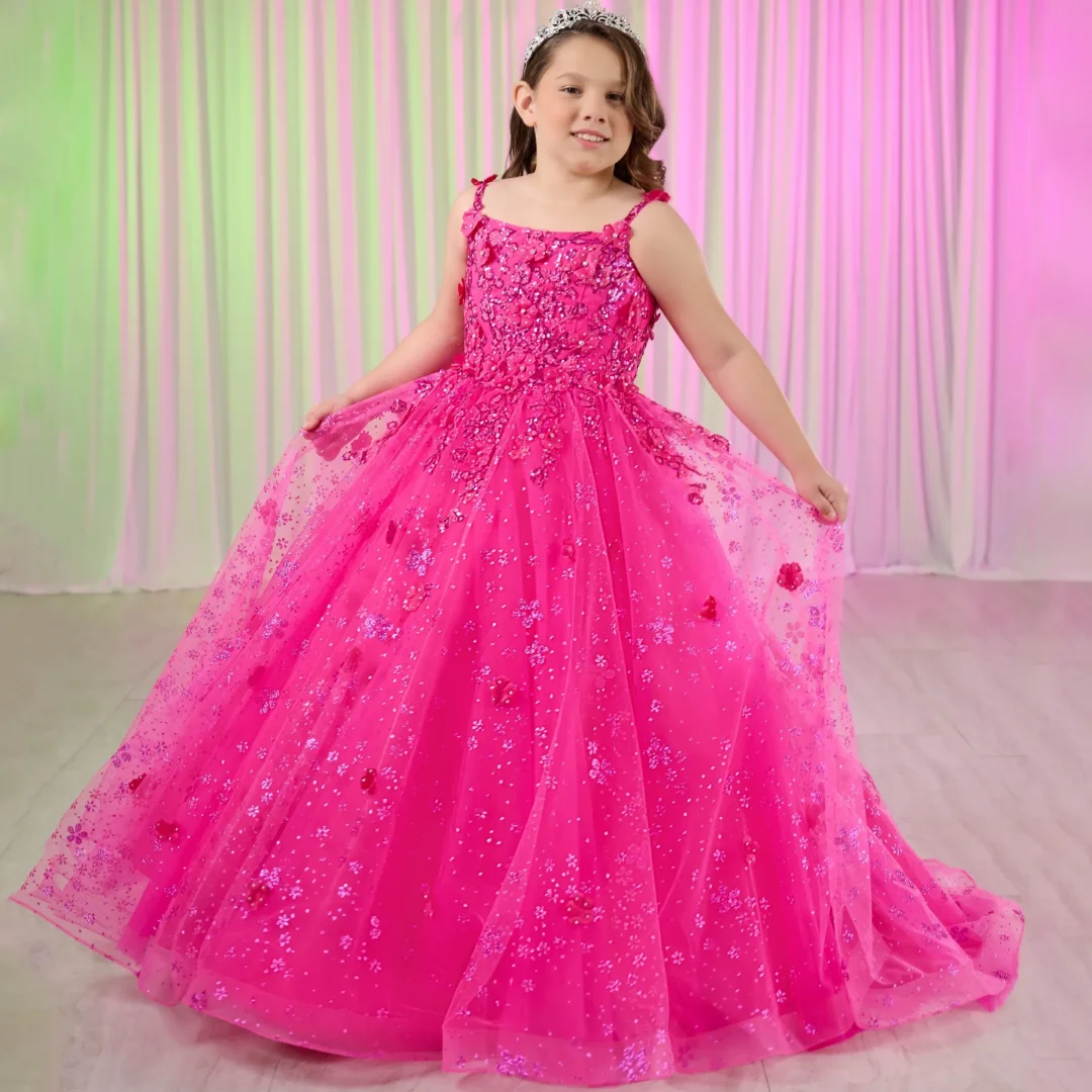

Customized Rose Red Flower Girl Dress Tulle Floral Appliques Sleeveless For Wedding Birthday Prom Pageant Banquet Princess Gown