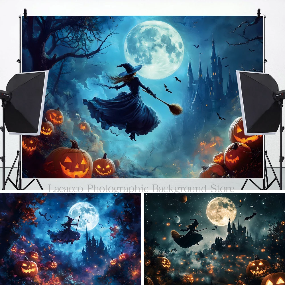 Gruseliger Mondlicht Hexe Besen Fotografie Hintergrund Kürbis Lichter Fledermäuse Horror Halloween Hintergrund Wanddekoration Photo Booth Requisiten