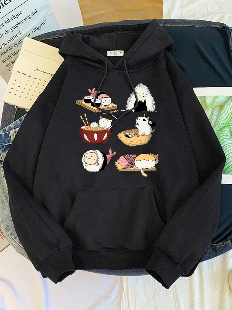 Womens Clothes Hip Hop Autumn Hooded Fleece Warm Sweatshirt Woman Hoodie Cat Hiding In Sushi Women Hoodies Streetwear Oversized