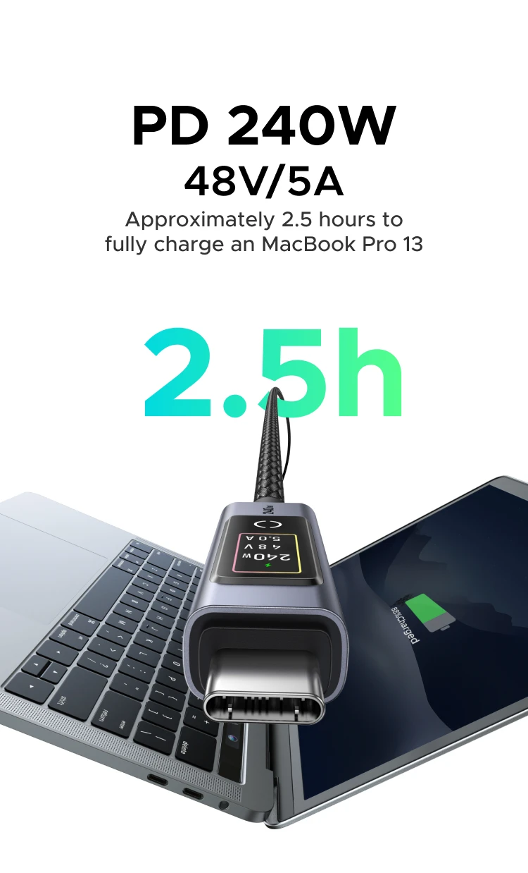 UGREEN PD240W USB-C to USB-C Cable with TFT Smart Display Nylon braided Aluminum 480Mbps for iPhone MacBook Galaxy Pixel XPS
