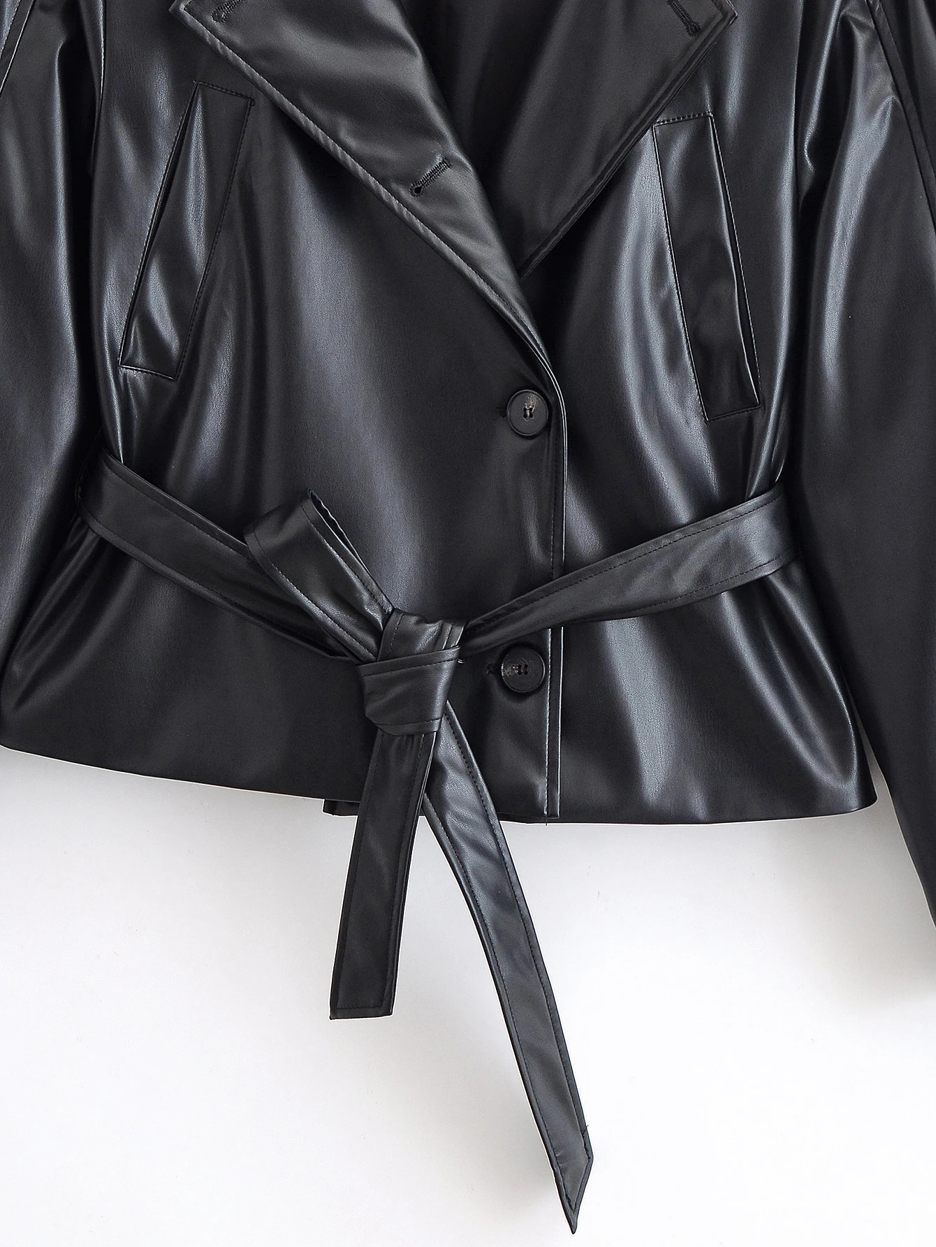 DEEABAE خريف منتج جديد للمرأة نمط قصير حزام جلد تقليد كم طويل سترة واقية قصيرة معطف جلد سترة #4