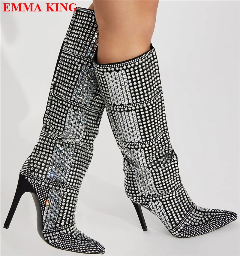 

New Women Crystal Embellished Stiletto Knee High Boots Luxury Bling Rhinestone High Heels Long Boots Party Nightclub Shoes Woman