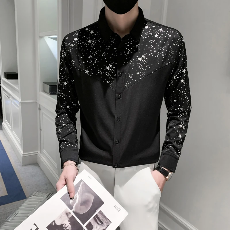 Youthful and Trendy Spring and Autumn Men New Spliced square Collar Button Print Fashion Loose Casual Long-sleeved Shirts