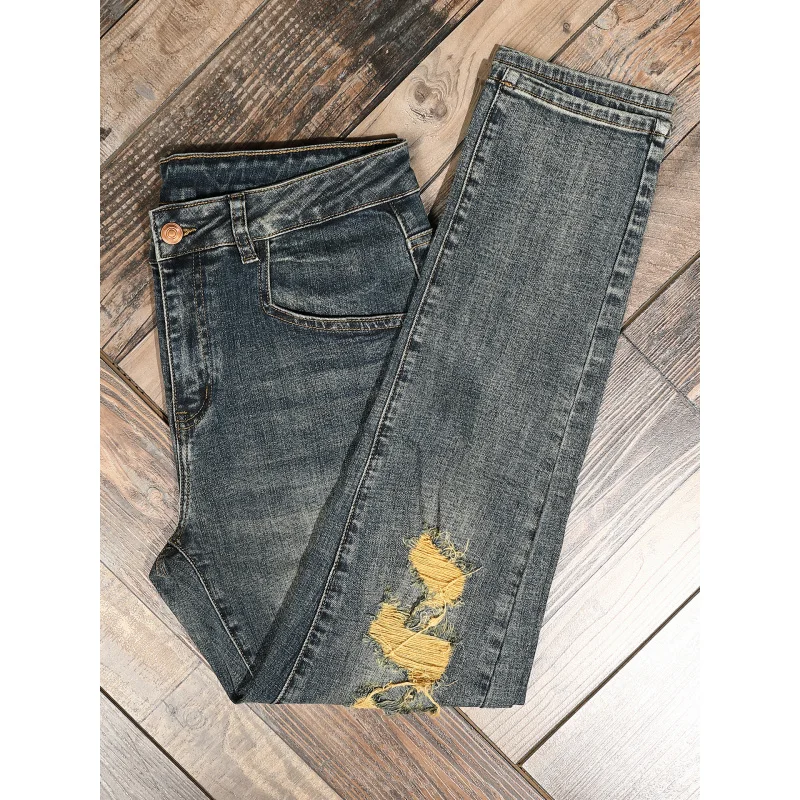 ノスタルジックなレトロジーンズ メンズ ストレッチ おしゃれ ダメージ パッチ スリムフィット 細身 トレンド ブランド ロングパンツ