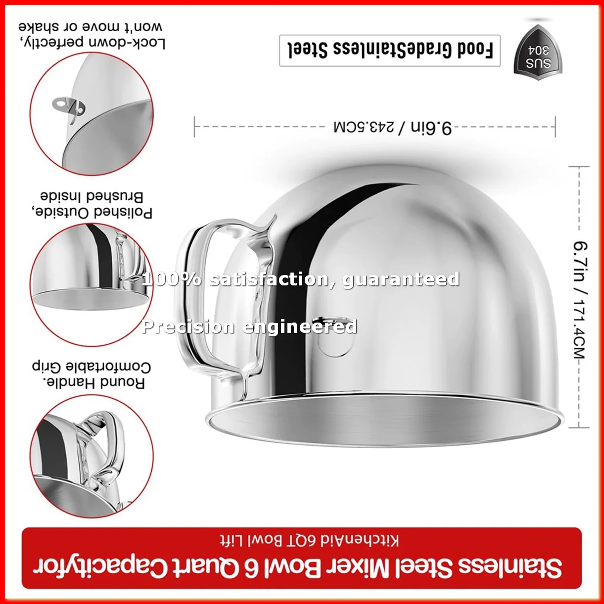 6QT Stainless Steel Mixer Bowl For Stand Mixers, Kitchen Aid Mixing Bowl For 6QT Tilt-Head Mixer With Handle-A68X