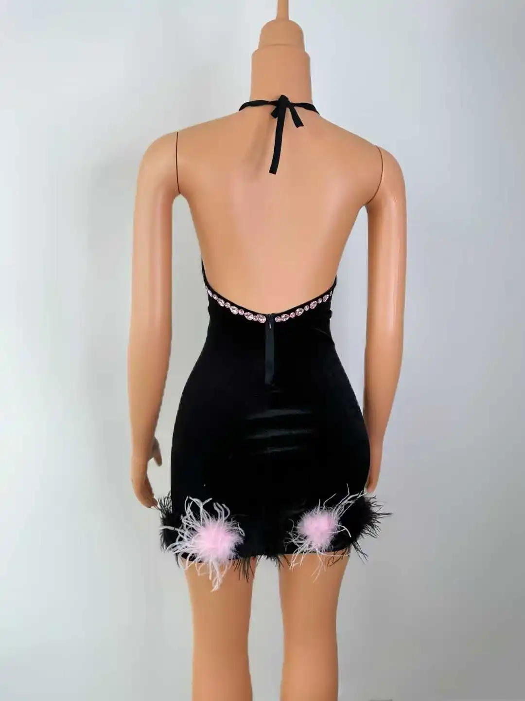 Black Velvet Backless Sexy Women Mini Short Dress Rhinestone Feather Drag Queen Outfits 2025 Night Club Wear Party Birthday Wear