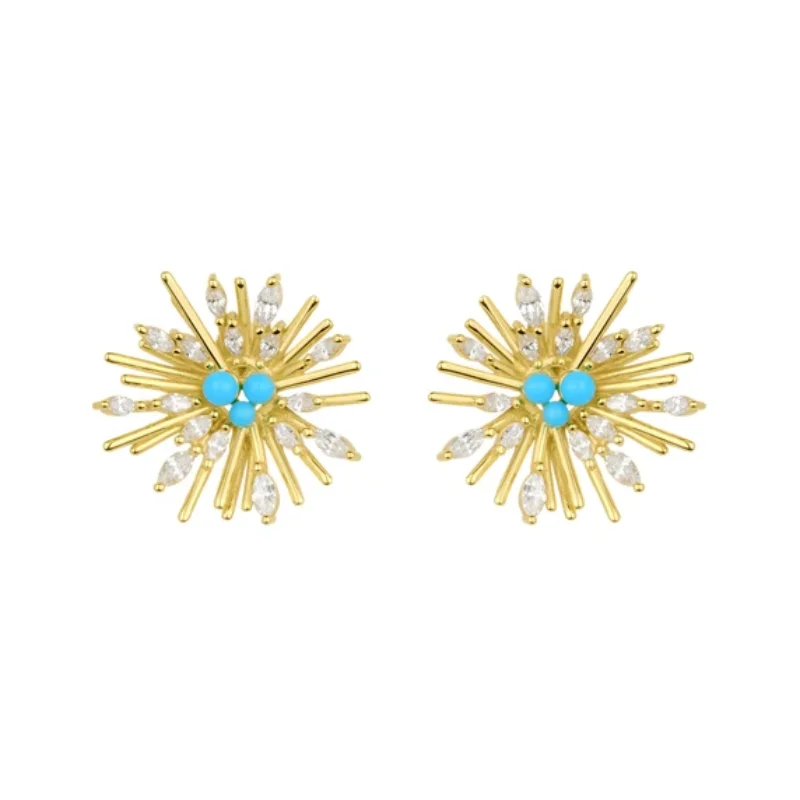 

BELLUX 925 Silver Gold Plated Firework Stud Earrings Turquoise Synthetic Zircon Unique Burst Shaped Boho Style Jewelry