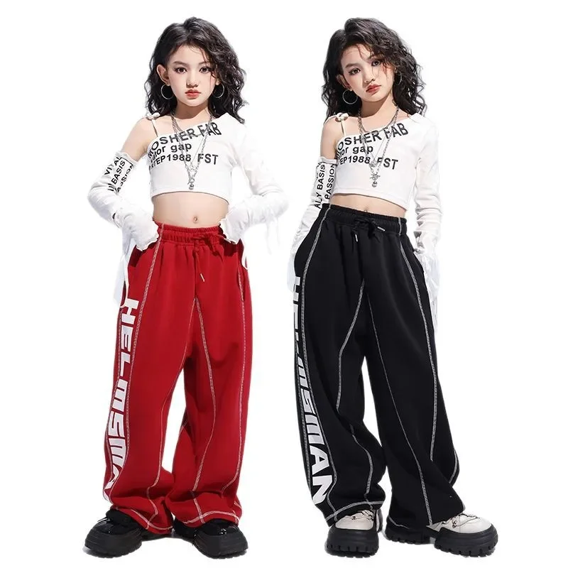 Kid Hip Hop Clothing White Black One Shoulder Crop Top T Shirt Casual Sweat Jogger Pants for Girls Jazz Dance Costumes Clothes