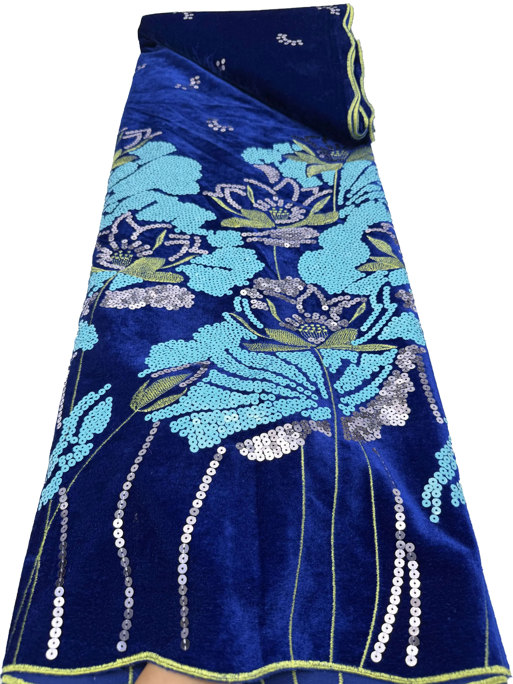 Nigerian Sequins Velvet Lace Fabrics High Quality Royle Blue French Sequins Lace African Velvet for Women Dresses