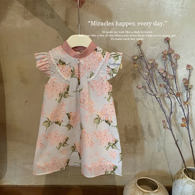 Girls' Floral Season New Cute Stylish Fresh Chinese Style Short Sleeve Dress Baby Sweet Cheongsam Dress