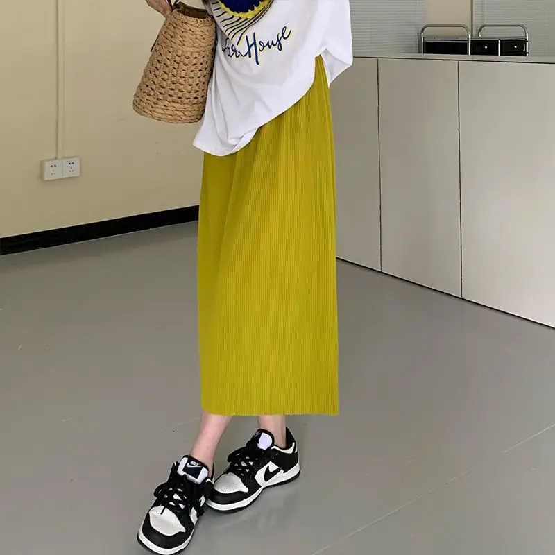 

2023 Summer New Korean Version Dropping Solid Color Pleated High Waist Slim Split Mid length skirt