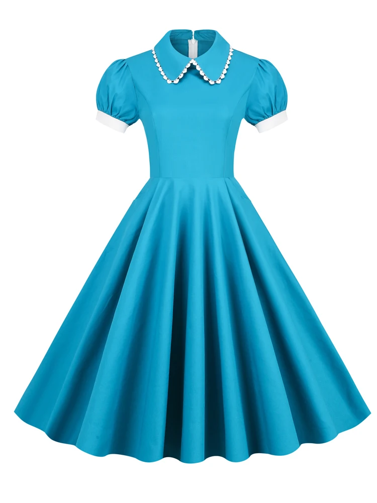 Kawaii Solid Blue Vintage Swing Dress With Pocket Women Summer Retro 40s 50s 60s Pinup Rockabilly Party Dress Vestido Robe Femme