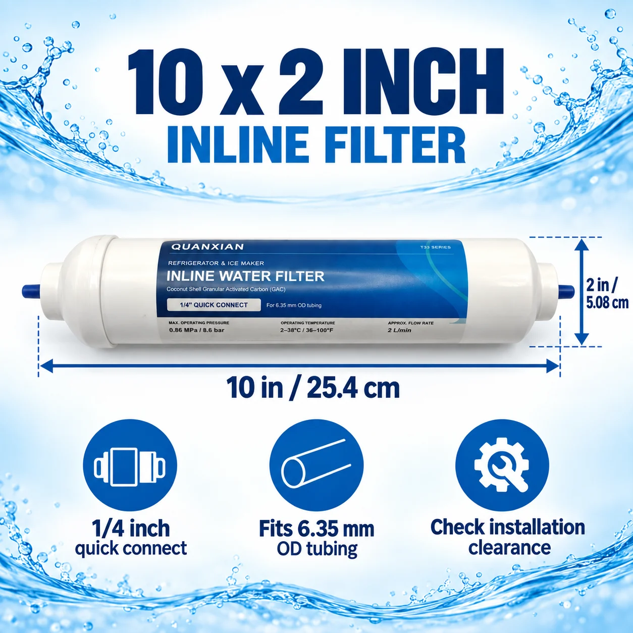 T33 Inline Post Carbon Water Filter 10 x 2 Inch Coconut Shell GAC 1/4 Quick Connect for RO System 1 Pack