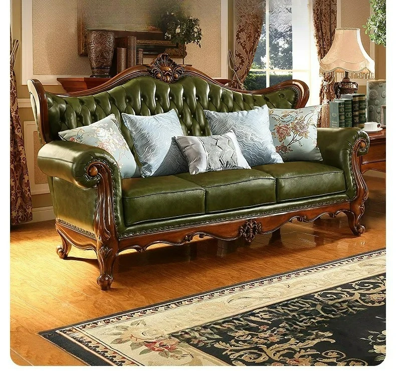 Factory Direct 2026 American leather sofa home living room retro first-layer cowhide sofa European solid wood sofa combination