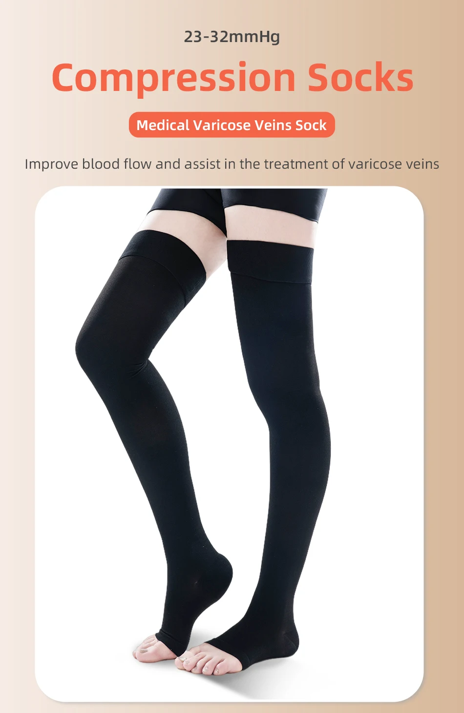 Plus Size 23-32mmHg Oberschenkelhohe Medizinische Kompressionsstrümpfe, Stufe 2 Kompressionsbandage, offene Zehen, Varizen-Therapie-Strümpfe S-5XL – Detail 1
