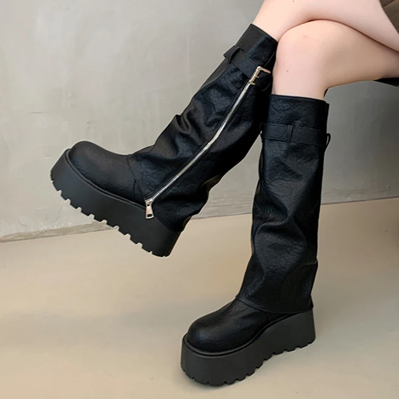 أحذية عالية للنساء منصة مسطحة فستان مصمم أحذية موضة أحذية الشتاء غير رسمية 2025 جديد الركبة عالية تشيلسي بوتاس دي موهير #4
