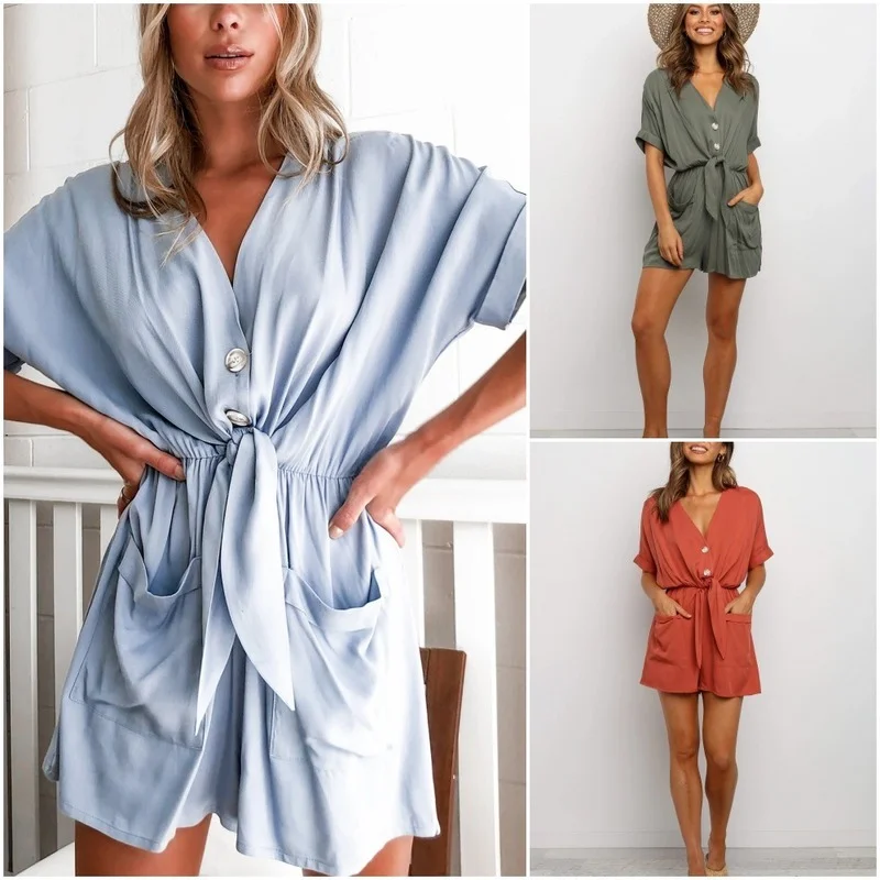 Western Style Summer Ins Short-sleeved V Neck Loose Single-breasted Women Jumpsuit Casual Pockets Solid Shorts Lace Romper 