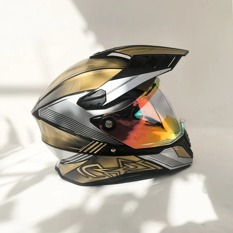 

off-road motorcycle helmet man Glossy gold striped geometric print modular detachable comes double-layer visor Colourful lenses