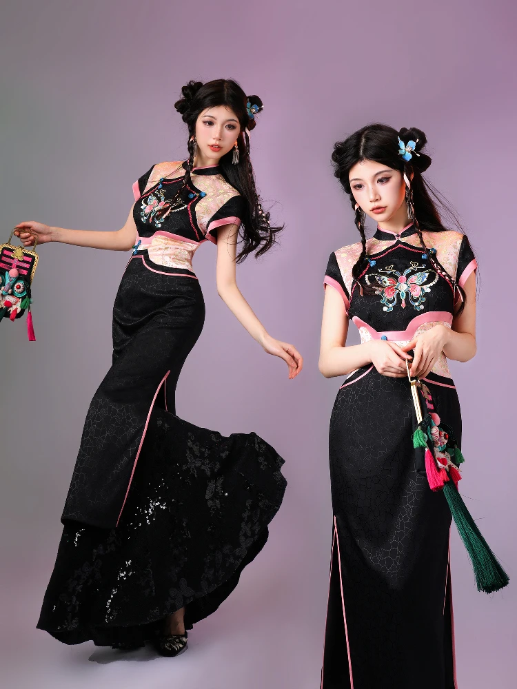 

Новая китайская ткань SLE Long Dr Original National SLE с вышивкой, объемными цветами и тяжелой отделкой, полиэстер/спандекс