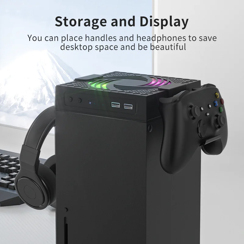 Xbox 시리즈 X 호스트 콘솔 용 RGB 다채로운 냉각 팬, USB 충전 포트가 있는 조정 가능한 풍속 열 분산 팬