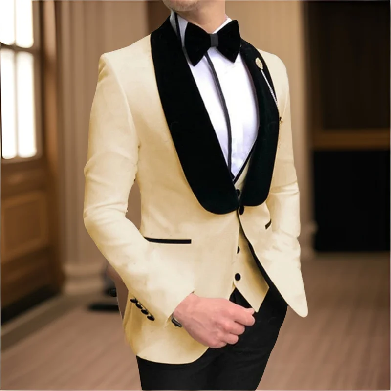 

Slim Fit Men Suits Shawl Lapel Wedding Groom Tuxedos 2024 Male Fashion Prom Suit 3 Pcs (Jacket + Pants + Vest) Custom Made