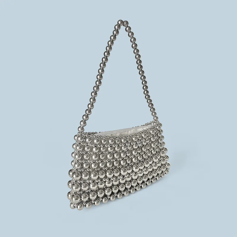 New handmade bead woven shoulder bag, simple and versatile handbag, silver bead boat bag