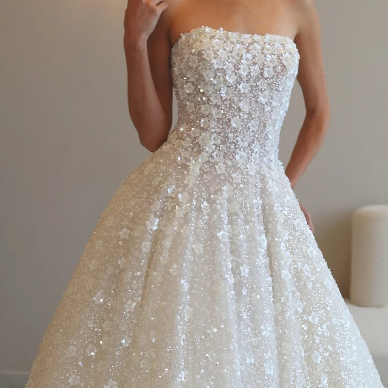 

Блестящие белые свадебные платья, блестящая жемчужная цветочная наклейка с открытыми плечами, юбка трапециевидной формы, длинный хвост, свадебное платье, свадебное платье