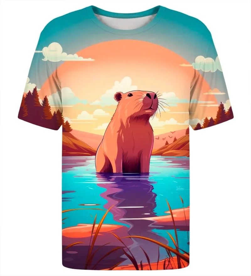 Unisex Capybara T-shirts Featuring Cute Rodents Bathing in A Lake, and A Sunset Mountain Forest Scene. Casual T-shirts.