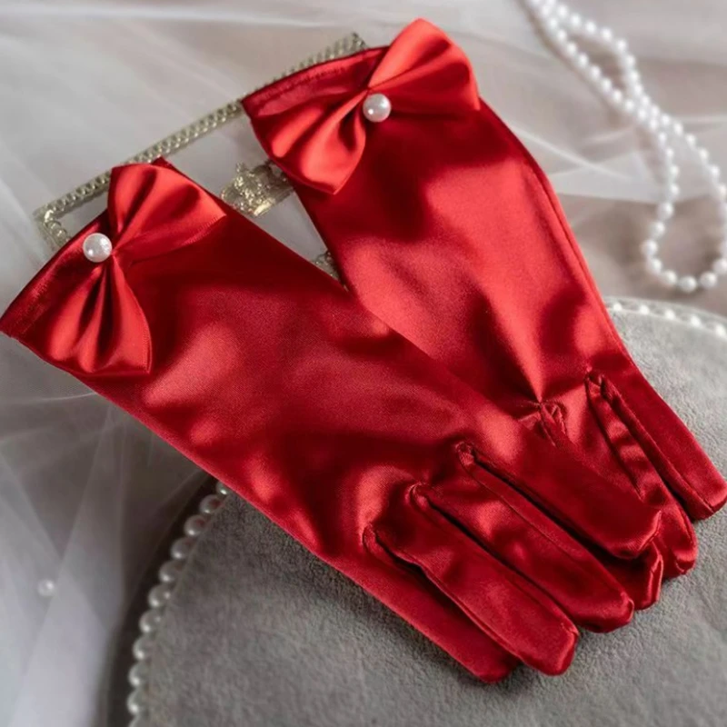 Simple Cheap Red Bride Gloves Satin Full Finger Pearls Wrist Wedding Party Accessories Bridal Women Gloves Evening Prom Glove