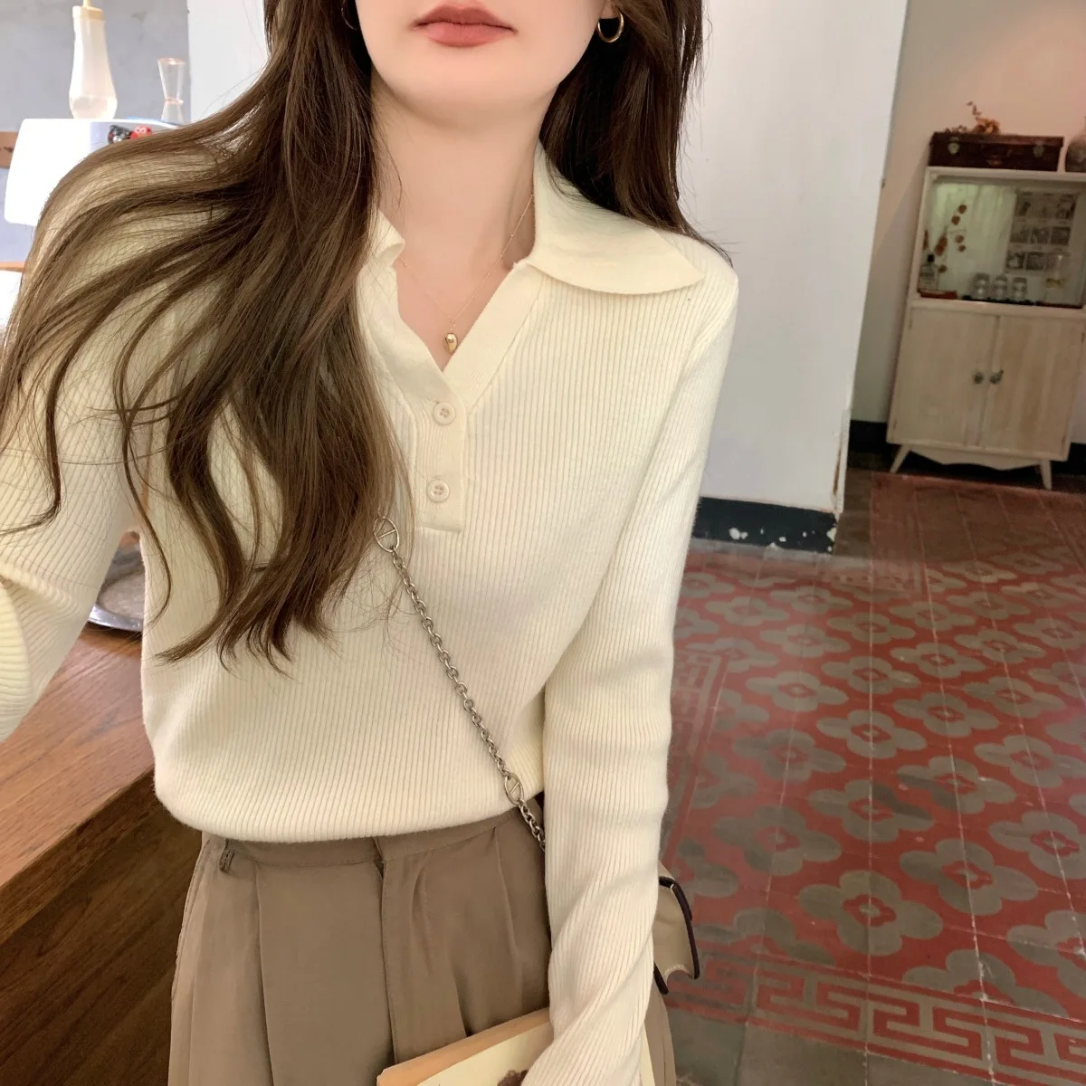 

Long Sleeve Women's Wear Autumn Winter Polo Unique Beautiful Small Shirt High Sense Bottom Inner Top