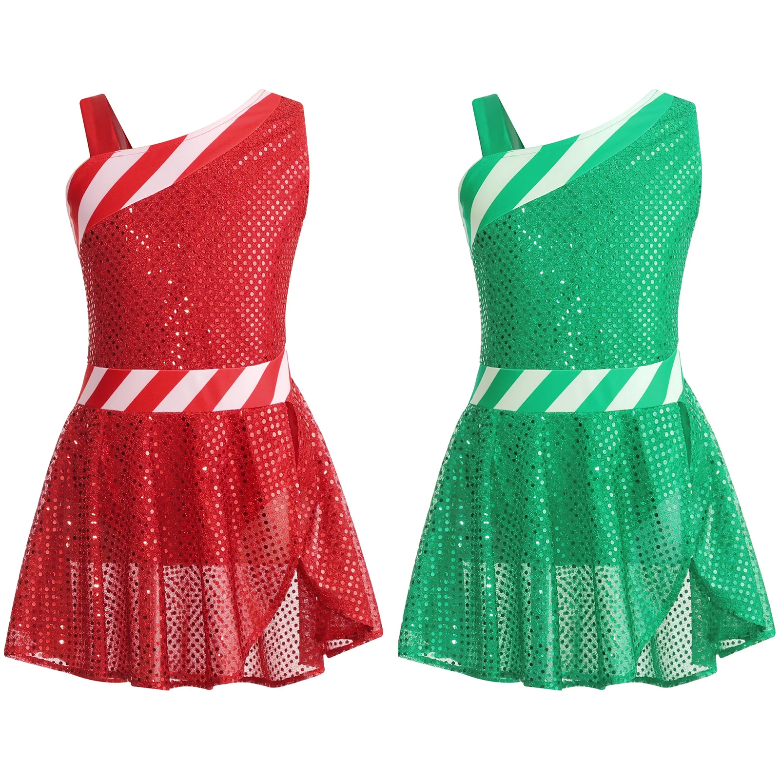 

Girls Ballet Dance Dress Christmas Costume One Shoulder Sequins Striped Leotard Skating Dress Gymnastic Performance Dancewear