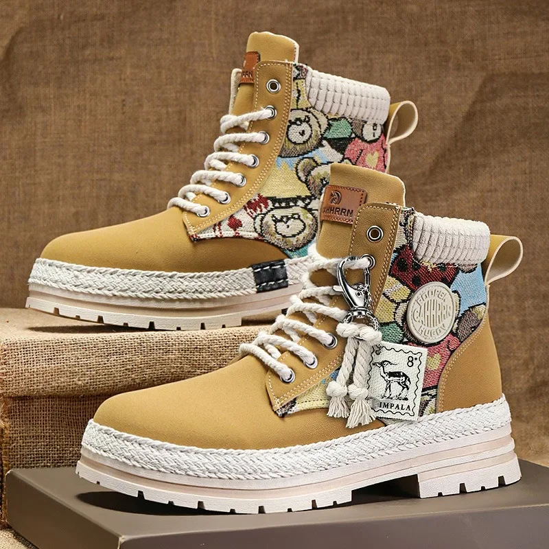 Men High Top Boots Fad Trend Outdoor Comfort Ankle Boot for Men Lace-Up Boot Retro British Style Tooling Boots Botas Para Hombre