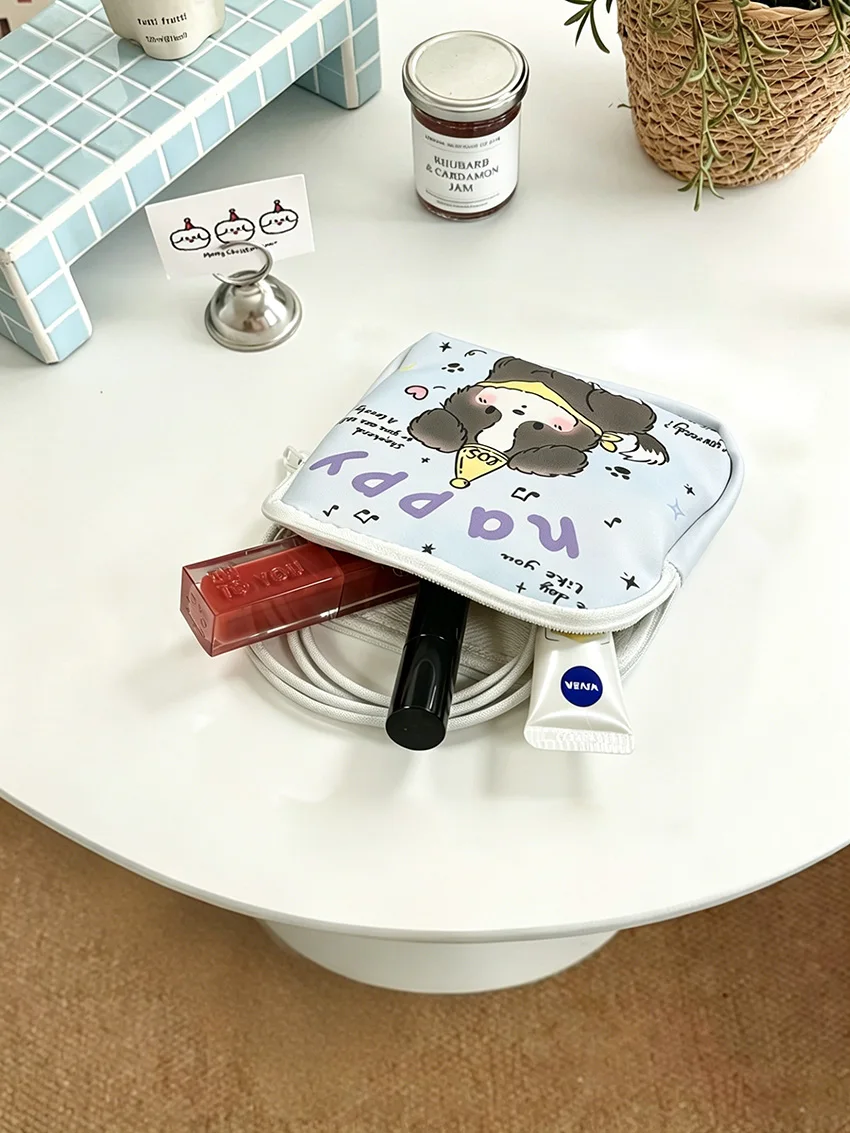 Light Blue Cartoon Dog Print Waterproof Pouch, Cute Japanese Style, Multi-use Bag for Sanitary Pads, Lipstick, Earphones & Cable