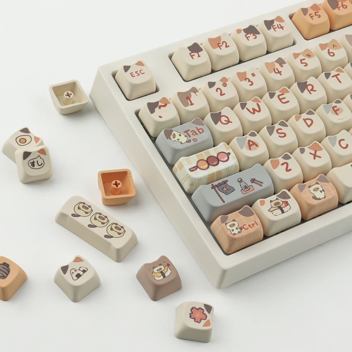 Sushi Siamese Cat Theme Keycaps Set PBT Sublimation MAO Profile Keycaps 144 keys for Mechanical Keyboard Accessories Cute Keyboa