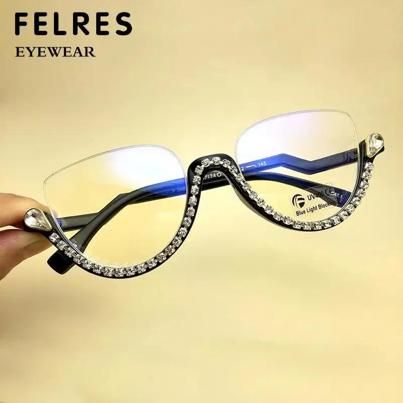 Personality Rhinestone Oval Reading Glasses Ladies Fashion Computer Filter Blue Light Blocking Glasses Half Frame Eyeglasses