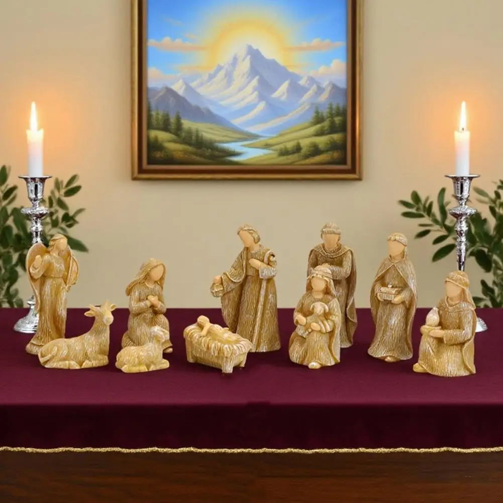 Resin Nativity Scene Christian Nativity Scene Set with Holy Family Figures Angel 10 Piece Resin Manger Figurine for Christmas