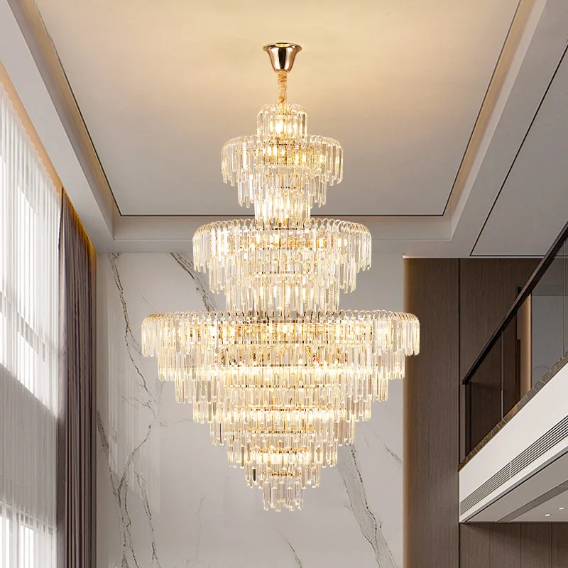 Duplex floor living room crystal chandelier, postmodern light luxury rotating staircase to raise the main light of the villa