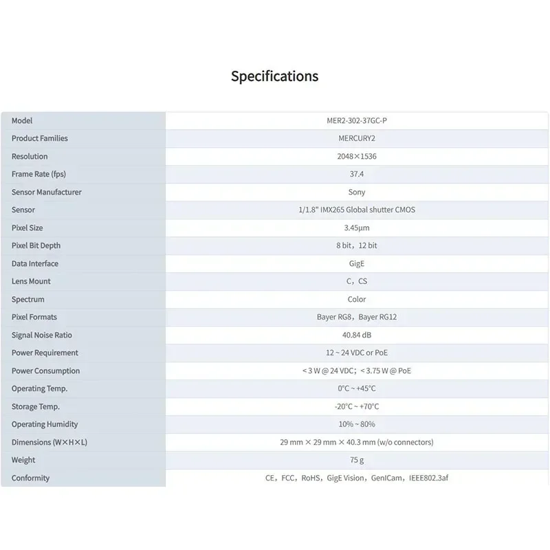 Daheng Image MER2-302-37GM-P كاميرات صناعية 1/1.8 "3.45μm 37.4fps 12~24 VDC أو PoE 1/1.8" IMX265 مصراع عالمي CMOS