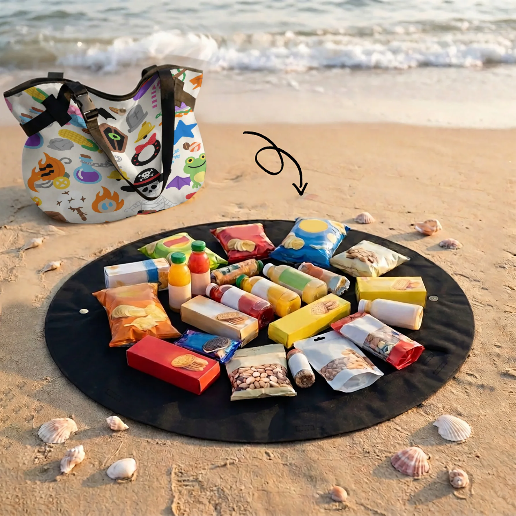 Cartoon Element Print 2 In 1 Tote Bag & Round Picnic Mat, Waterproof Foldable Mat For Camping Beach Picnic Travel