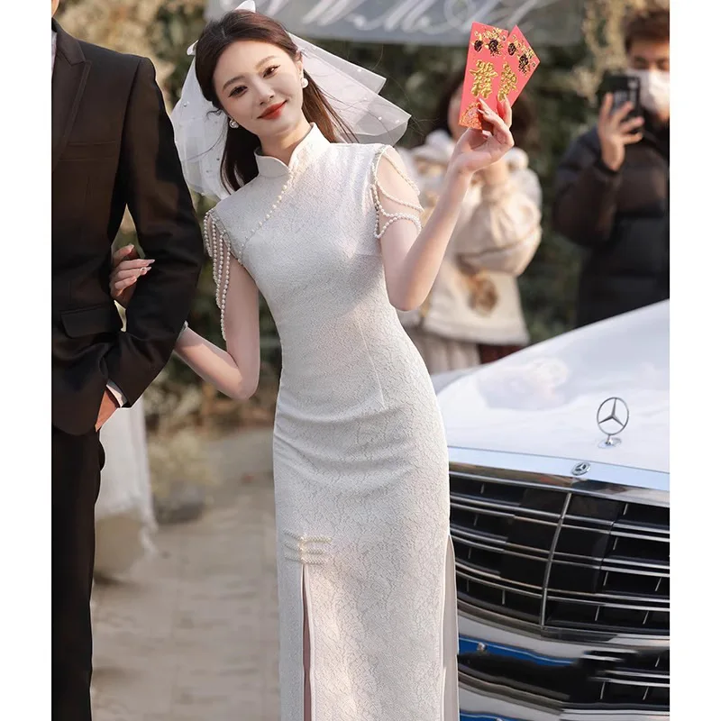 White Lace Chesongam Chinese Style Wedding Dress Women Luxury Pearls Sleeve Qipao Slim Vestidos De Novia Mandarin Collar Robe