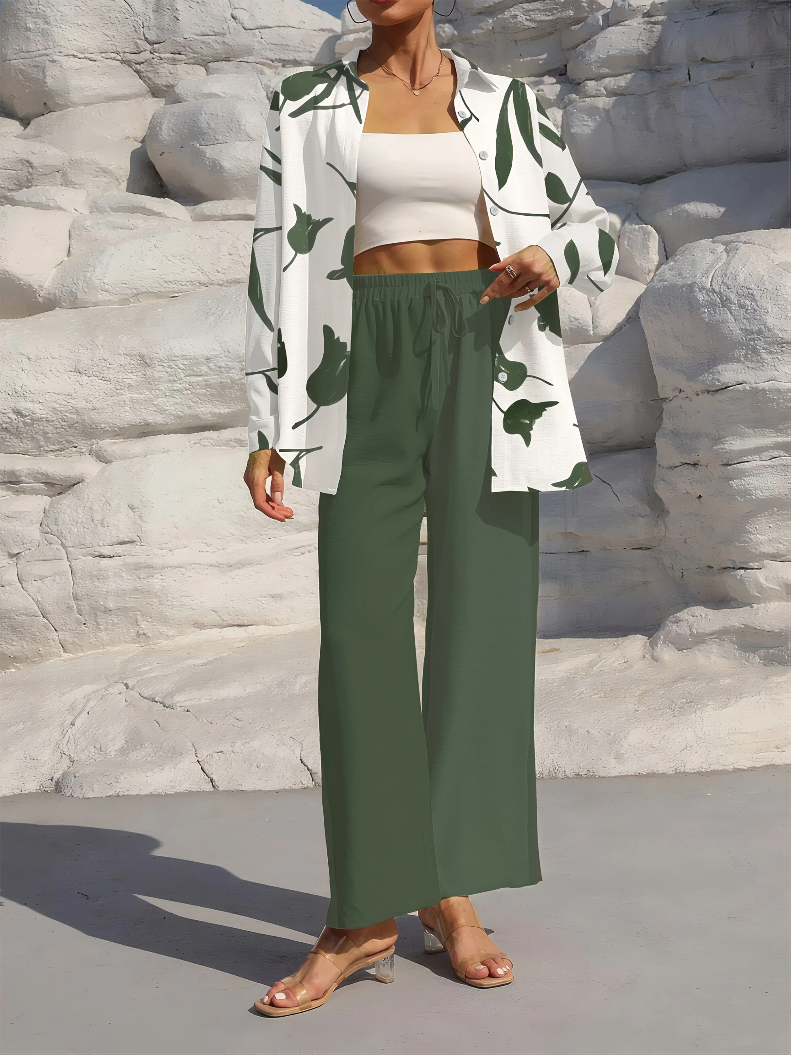 

Printed design casual style Green Leaf White Background Pattern button long-sleeve set