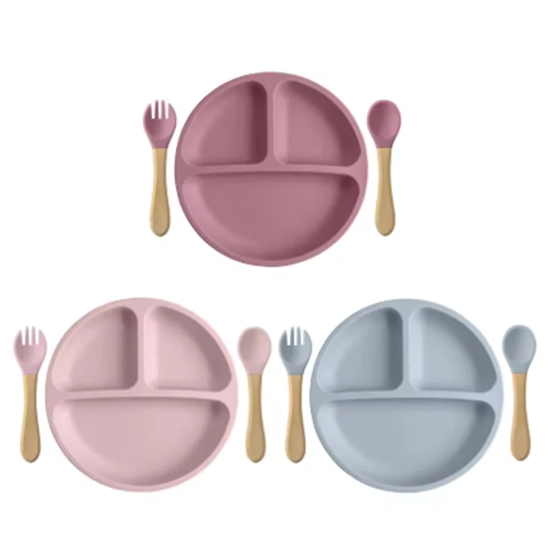 3PCS Baby Silicone Feeding Tableware Set Children Silicone Dinner Plate Wood Handle Spoon Fork BPA Free Baby Training Tableware