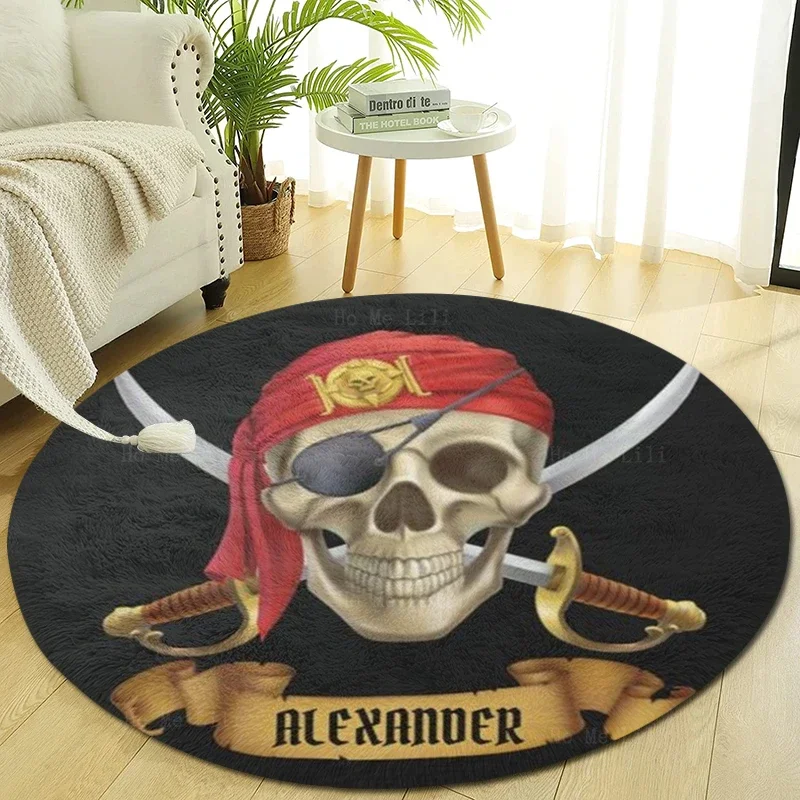 Cool Skull And Cross Pirate Knife With Red Rose Floral Pattern Round Mat Non Slip Flannel Floor Rugs By Ho Me Lili