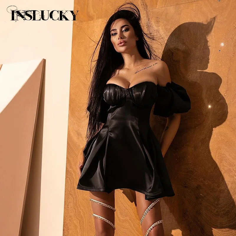 

InsLucky Off The Shoulder Puff Sleeve Luxury Evening Elegant Black Dress Women Chest Wrapping Folds A Line Dresses Partywear