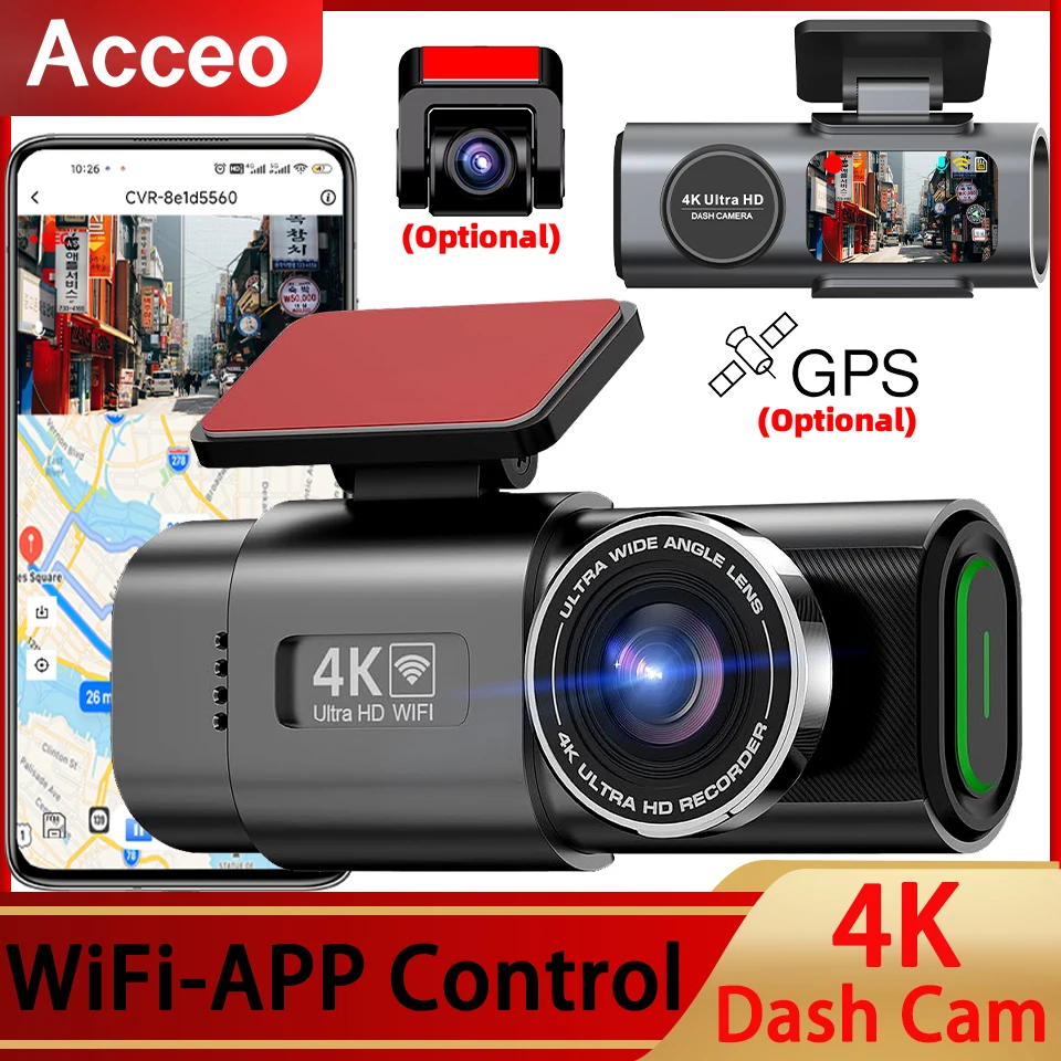 Dash Cam 4K Built-in WiFi Car DVR Night Vision G-Sensor Supports GPS 24H Parking Monitoring Black Box for Car