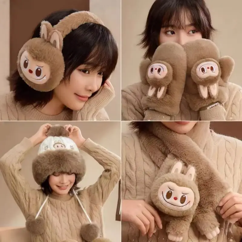 New Arrival Genuine Cartoon Labubu Warm Series Anime Brown Gloves Scarf Earmuff Winter Cold Keep Warm Christmas Birthday Gifts