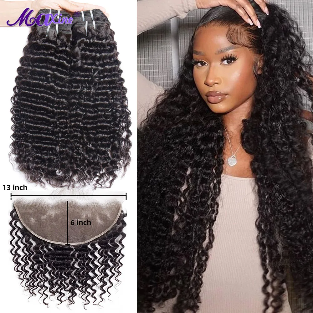 

Deep Curly Bundles Human Hair With Closure 13x6 HD Transparent Lace Frontal Natural Human Hair Extensions Deep Wave Hair Bundles