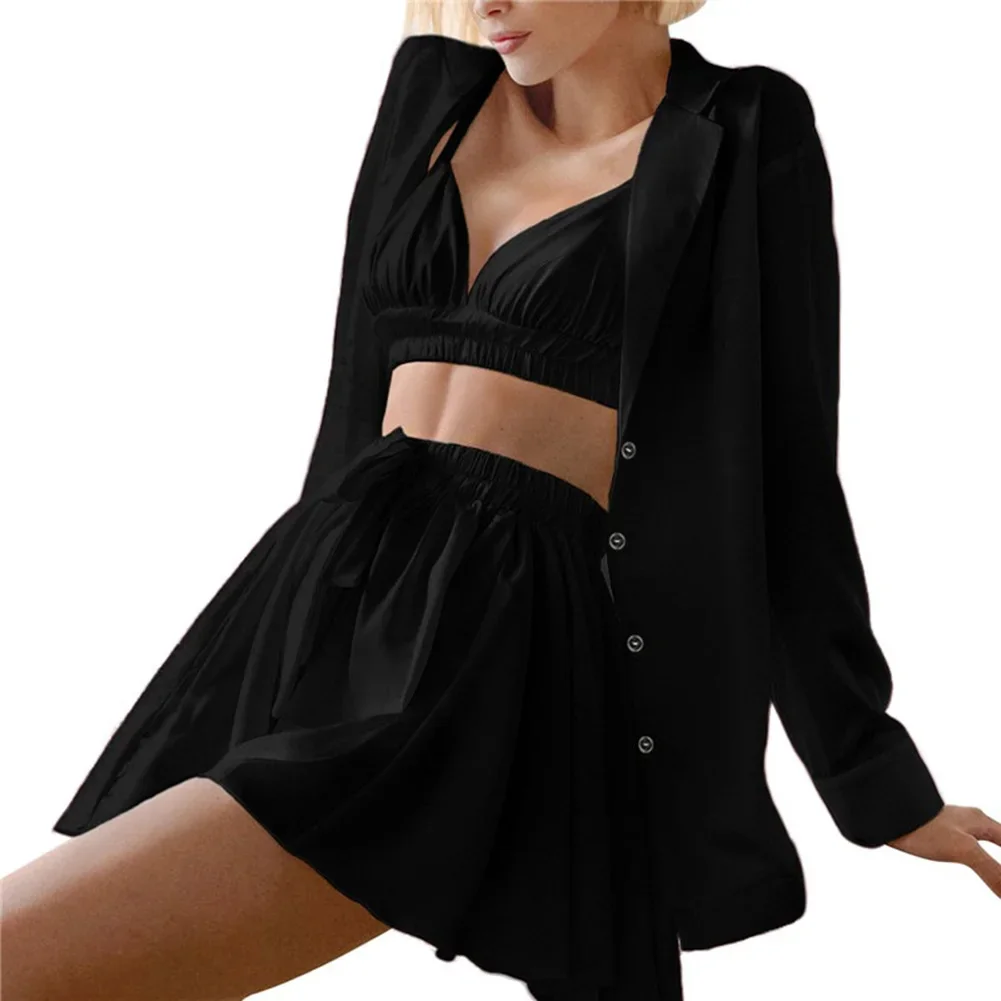 Sexy Women Pajamas 3 Pieces Ruched Robe Shorts Skirts Sleepwear Sets Low Cut Bra Loose Nightgowns Solid Erotic Nightwear