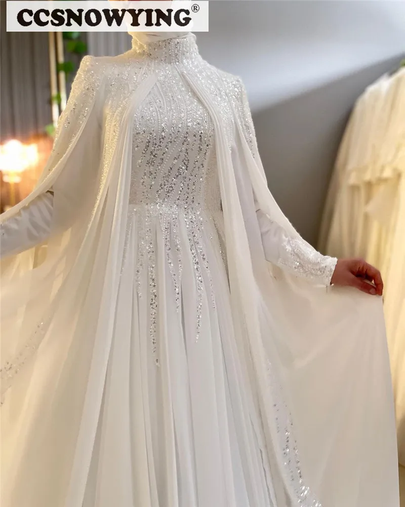 Chiffon Beaded Long Sleeve Muslim Wedding Dress for Bride with Cape Islamic Hijab Bridal Gowns High Neck Arabic Robe De Mariée